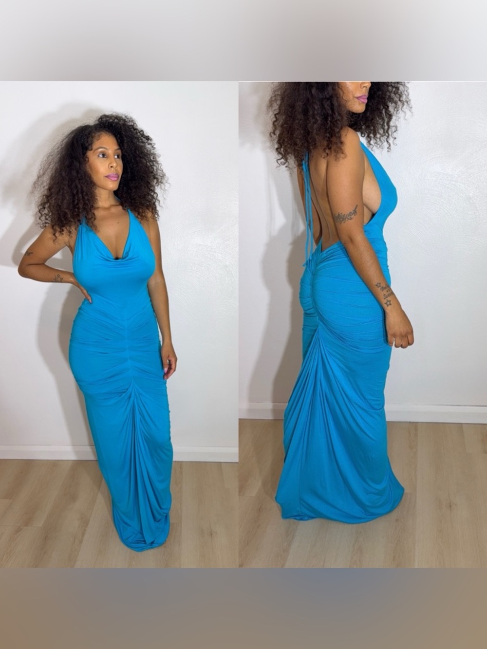 Blue Backless Cowl Neck Ruched Maxi Dress